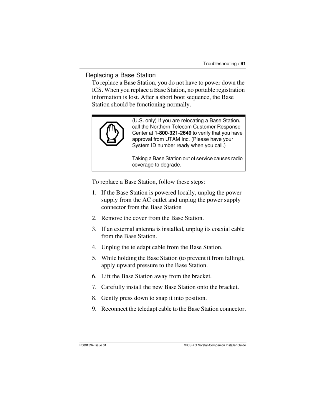 Nortel Networks MICS-XC manual Replacing a Base Station 