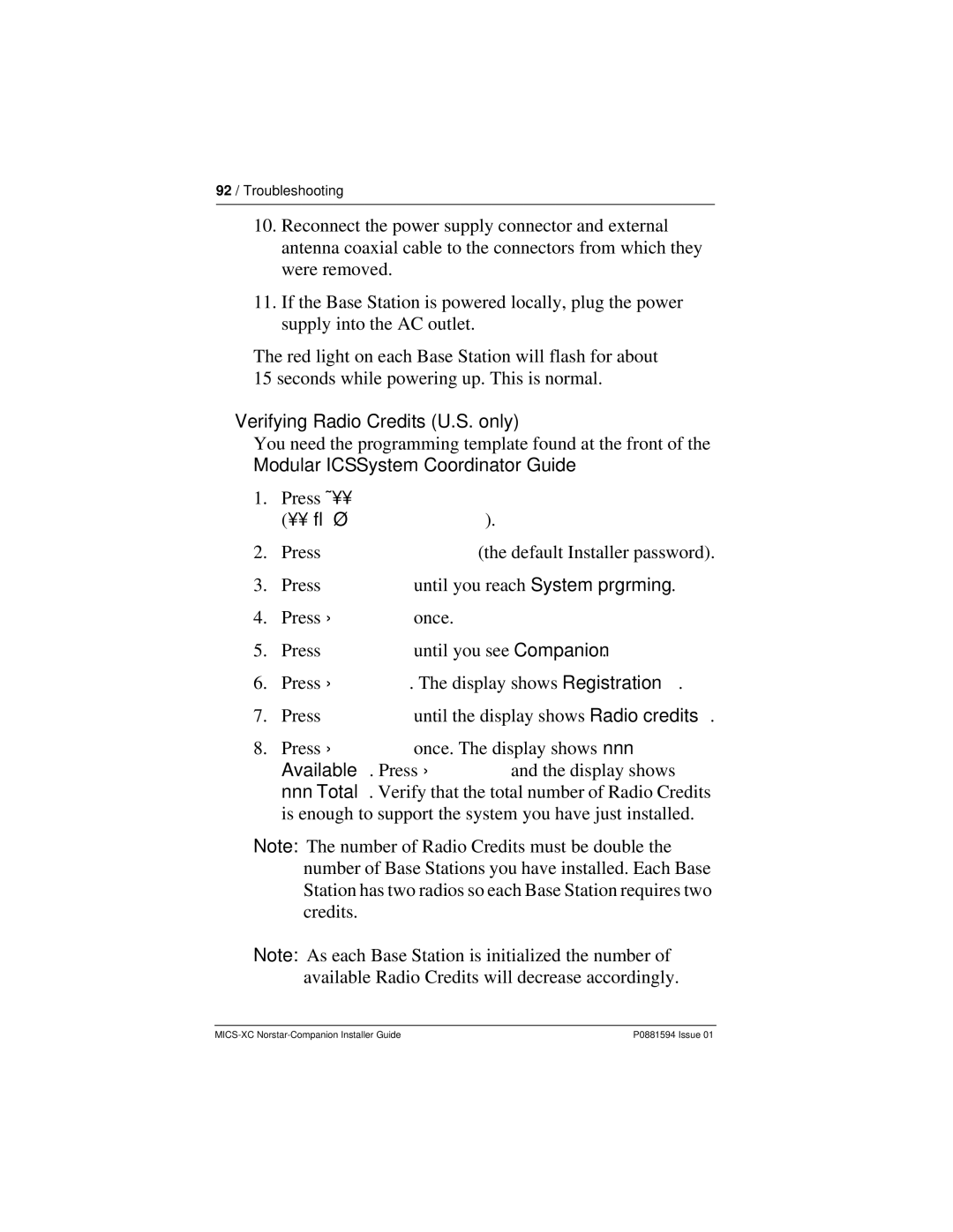 Nortel Networks MICS-XC manual Verifying Radio Credits U.S. only, Press ƒ¤ﬂﬂ‹›› ÇØˆÏÈÌ 