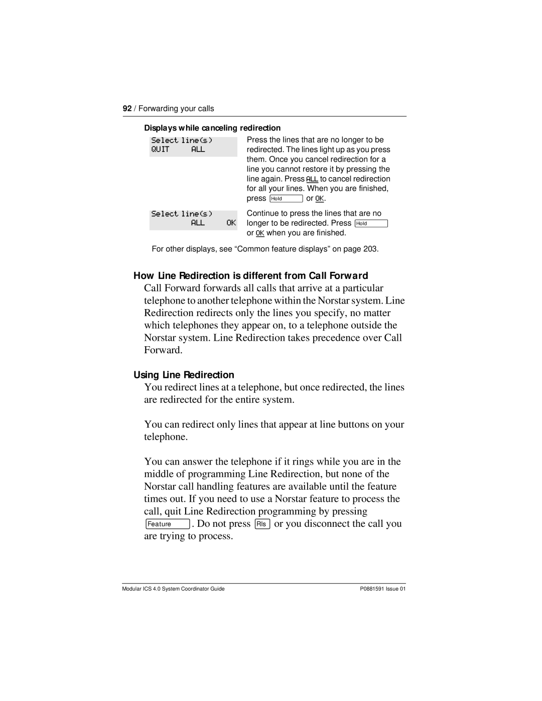 Nortel Networks Modular ICS 4.0 manual Displays while canceling redirection 