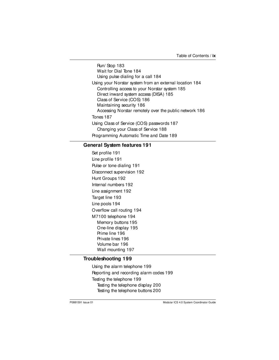 Nortel Networks Modular ICS 4.0 manual General System features, Troubleshooting 