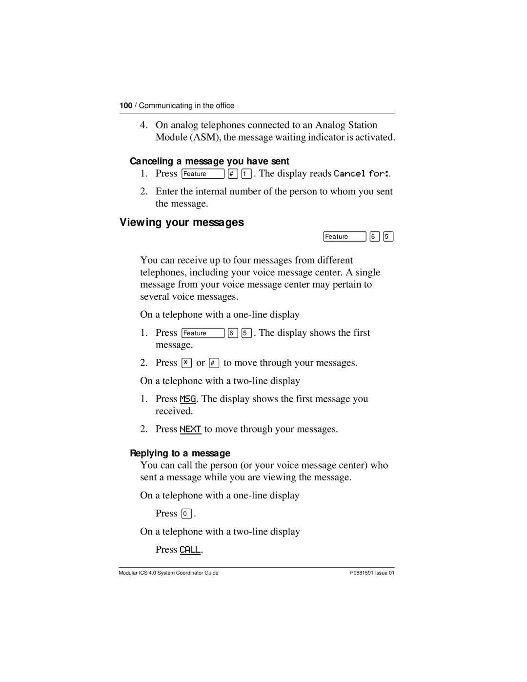 Nortel Networks Modular ICS 4.0 manual Viewing your messages, Canceling a message you have sent, Ƒﬂﬁ, Replying to a message 