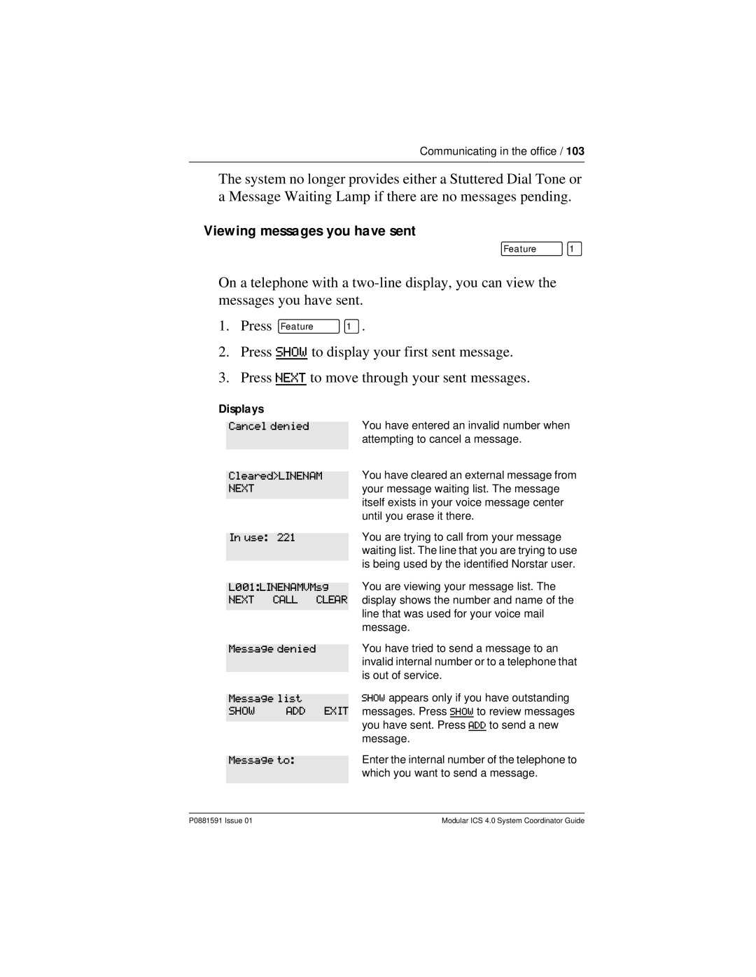 Nortel Networks Modular ICS 4.0 manual Viewing messages you have sent, Next Call Clear, Show ADD 