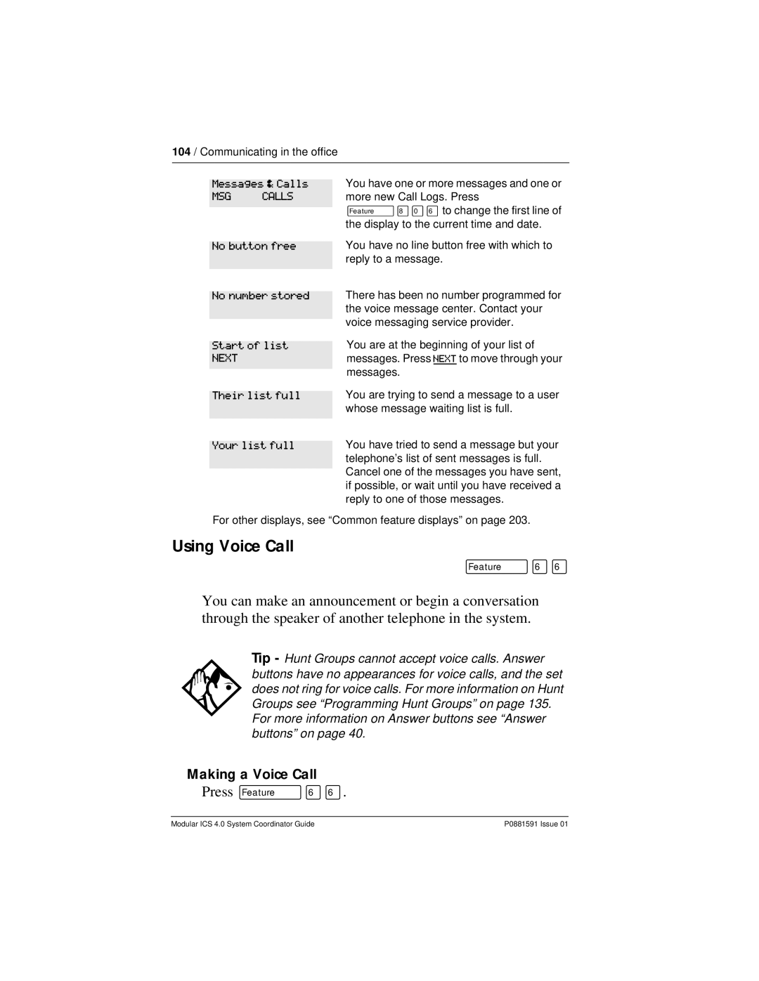 Nortel Networks Modular ICS 4.0 manual Using Voice Call, Ƒﬂﬂ, Making a Voice Call, MSG Calls 