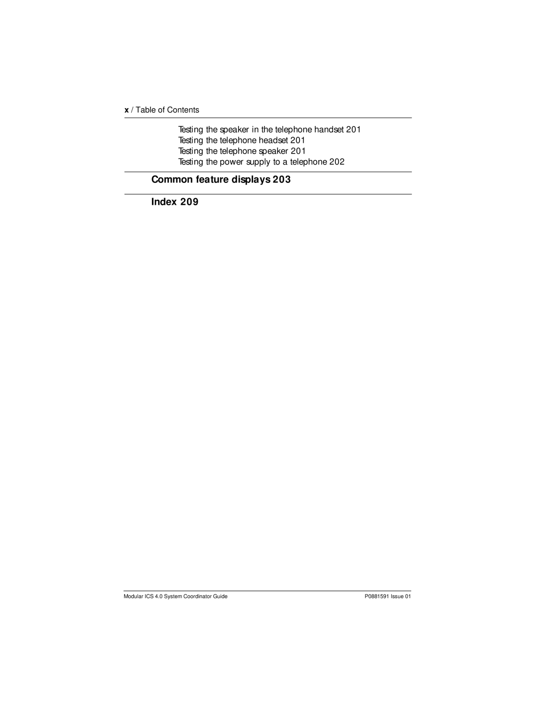 Nortel Networks Modular ICS 4.0 manual Common feature displays Index 