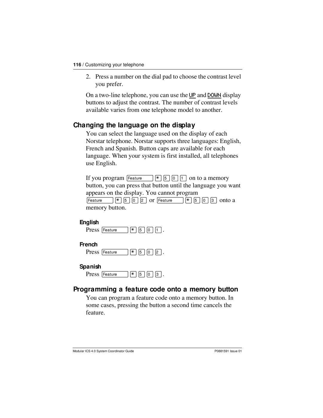 Nortel Networks Modular ICS 4.0 Changing the language on the display, Programming a feature code onto a memory button 