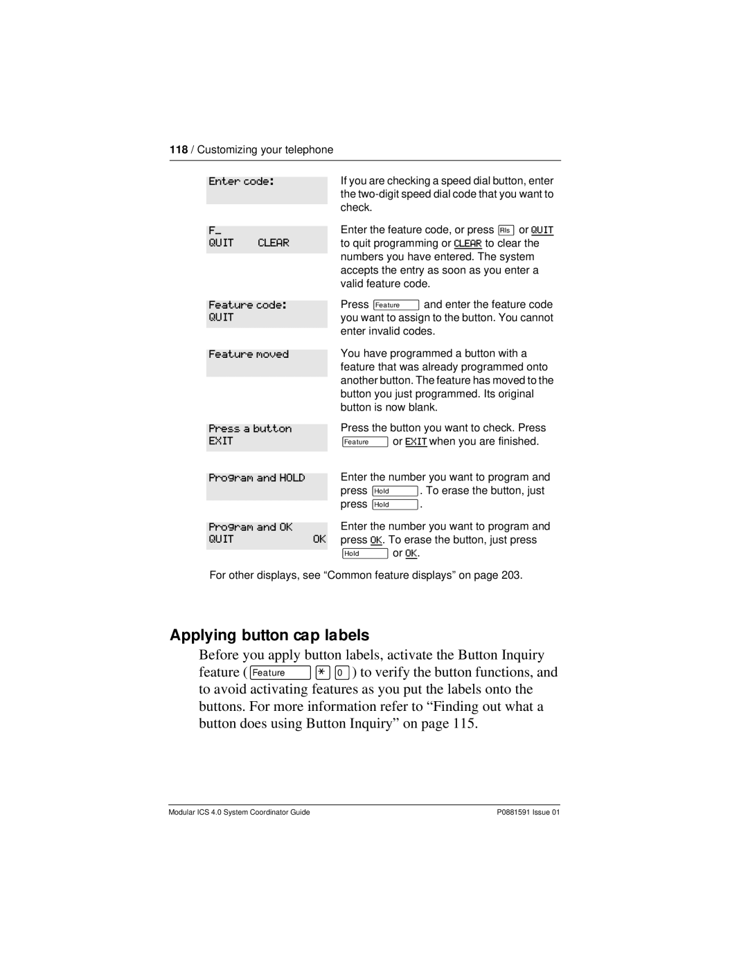 Nortel Networks Modular ICS 4.0 manual Applying button cap labels, Enter code, Quit Clear, Feature code 