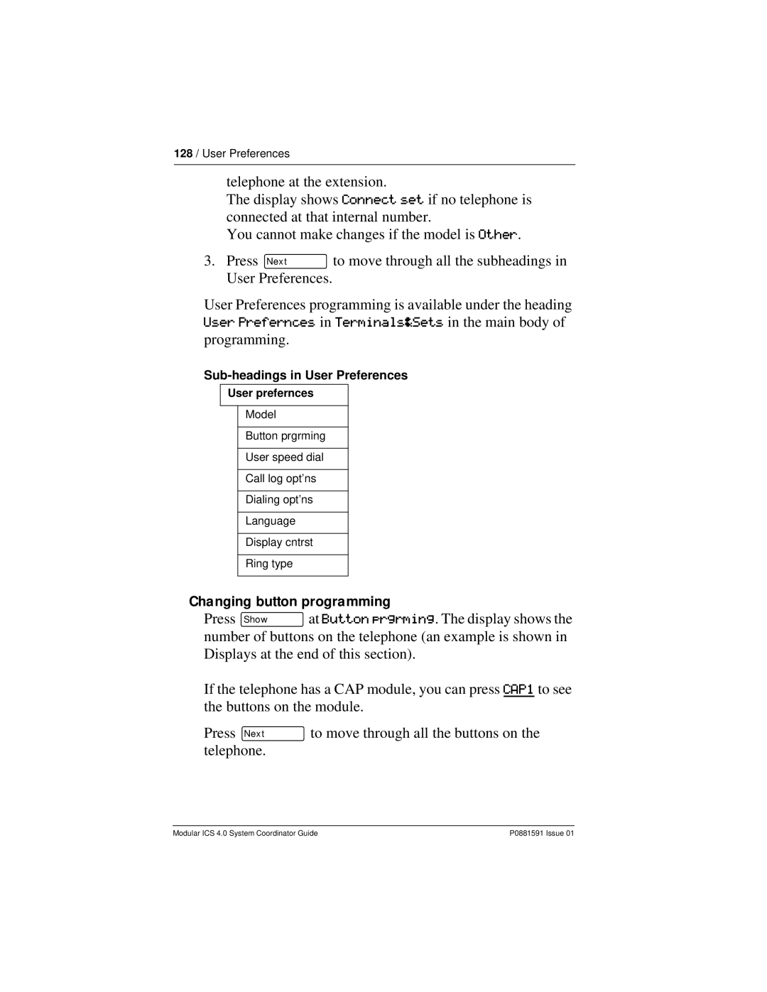 Nortel Networks Modular ICS 4.0 manual Changing button programming, Sub-headings in User Preferences 