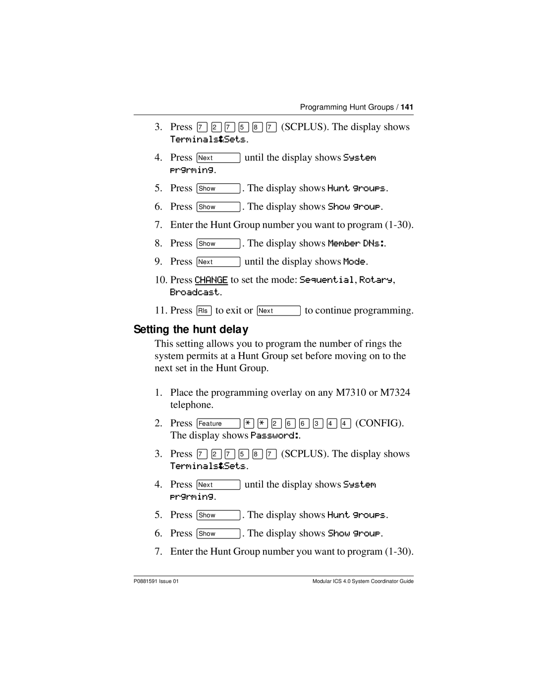 Nortel Networks Modular ICS 4.0 manual Setting the hunt delay 