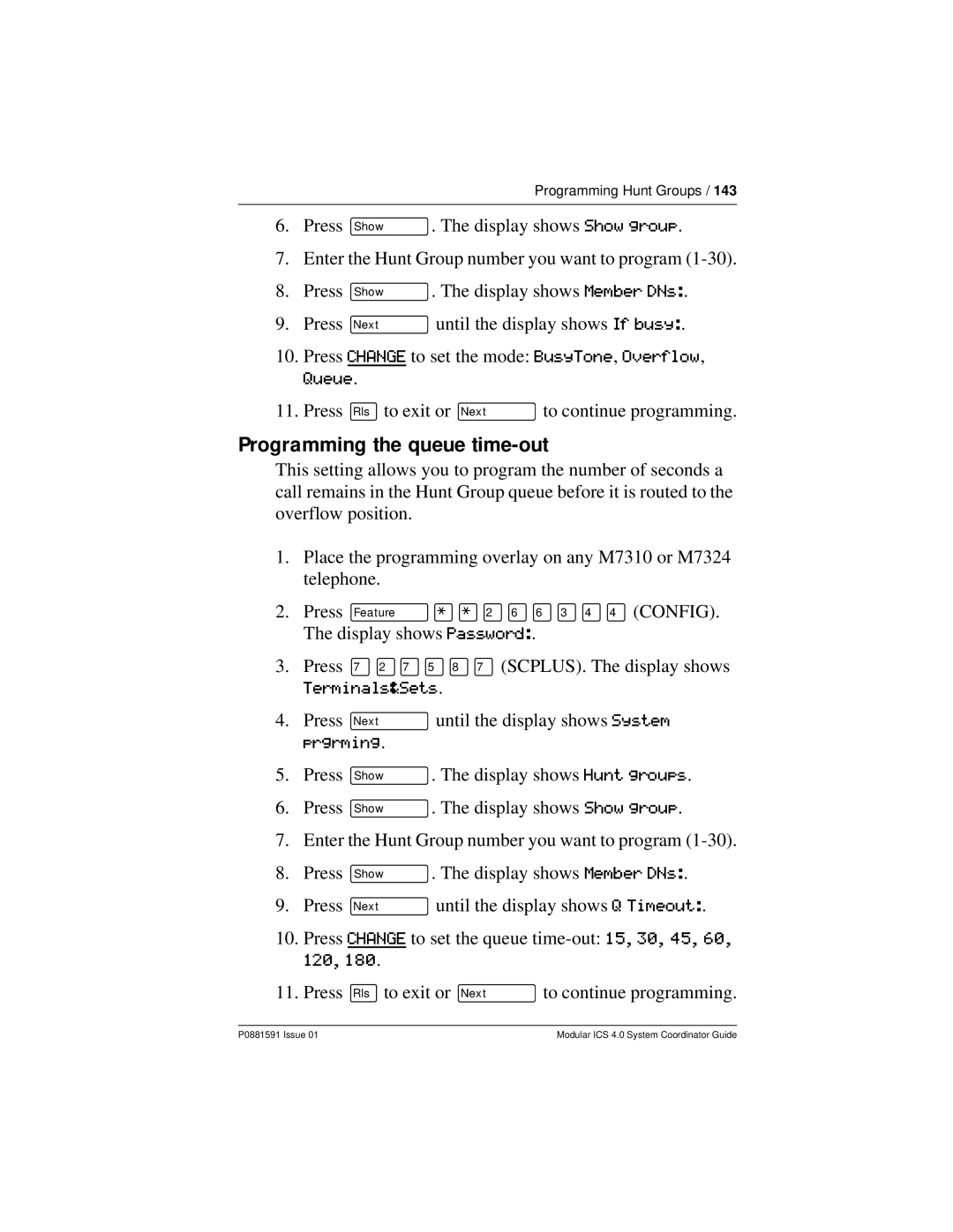 Nortel Networks Modular ICS 4.0 manual Programming the queue time-out 