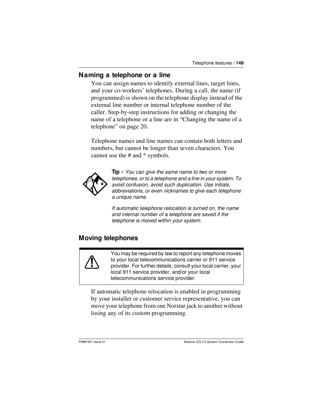 Nortel Networks Modular ICS 4.0 manual Naming a telephone or a line, Moving telephones 