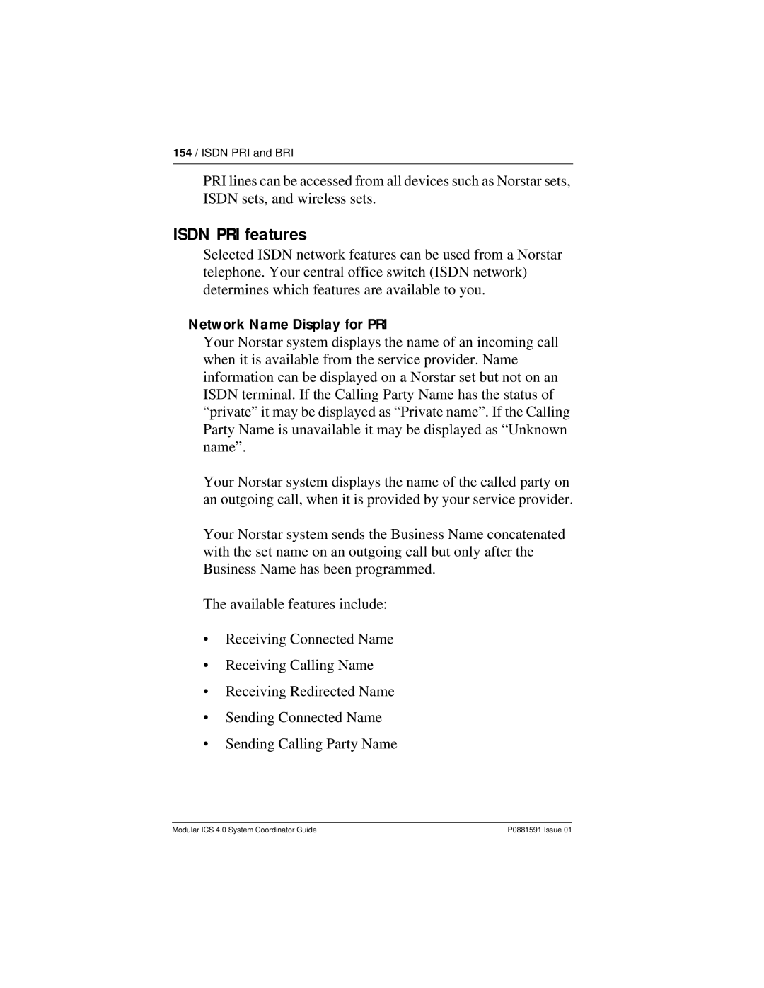 Nortel Networks Modular ICS 4.0 manual Isdn PRI features, Network Name Display for PRI 