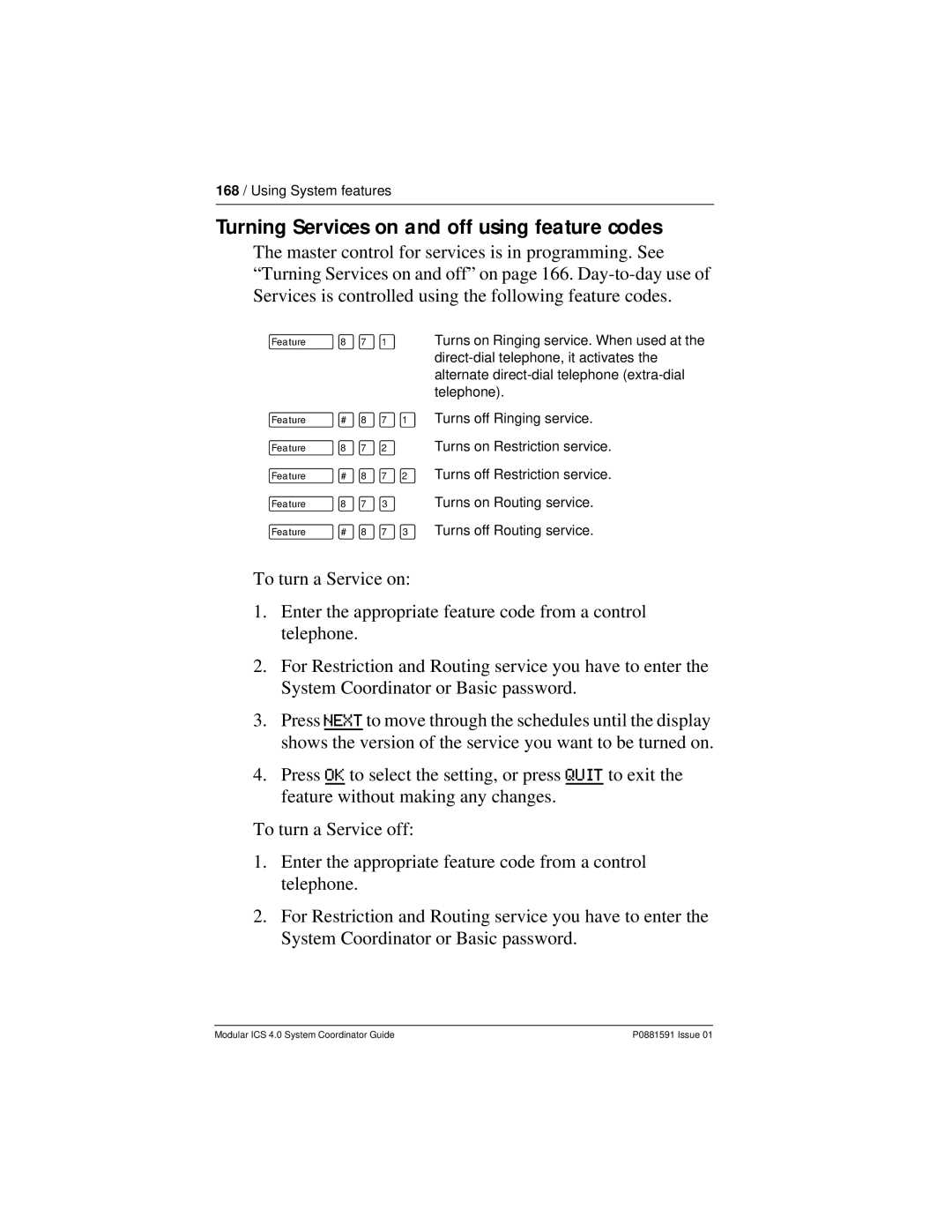 Nortel Networks Modular ICS 4.0 manual Turning Services on and off using feature codes 