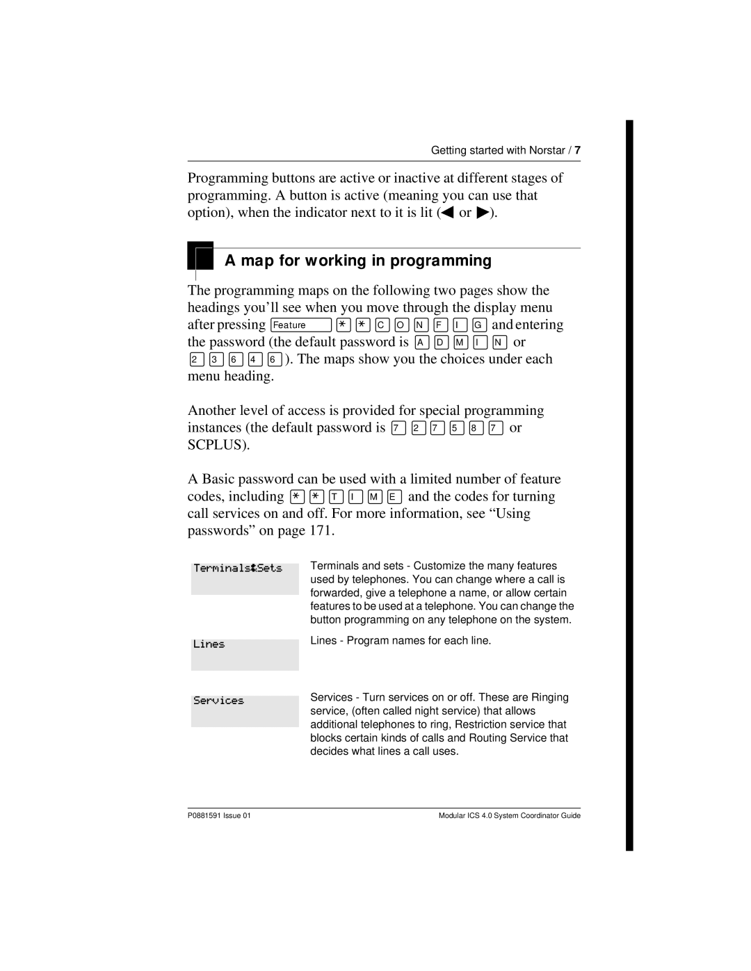 Nortel Networks Modular ICS 4.0 manual Map for working in programming, Terminals&Sets, Lines Services 