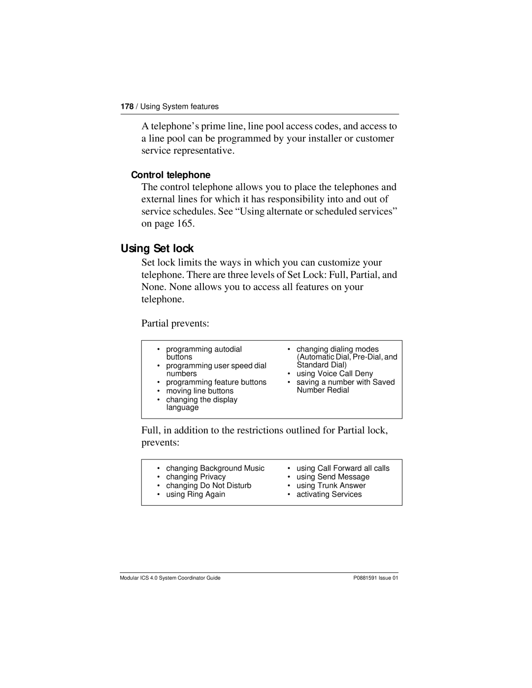 Nortel Networks Modular ICS 4.0 manual Using Set lock, Control telephone 