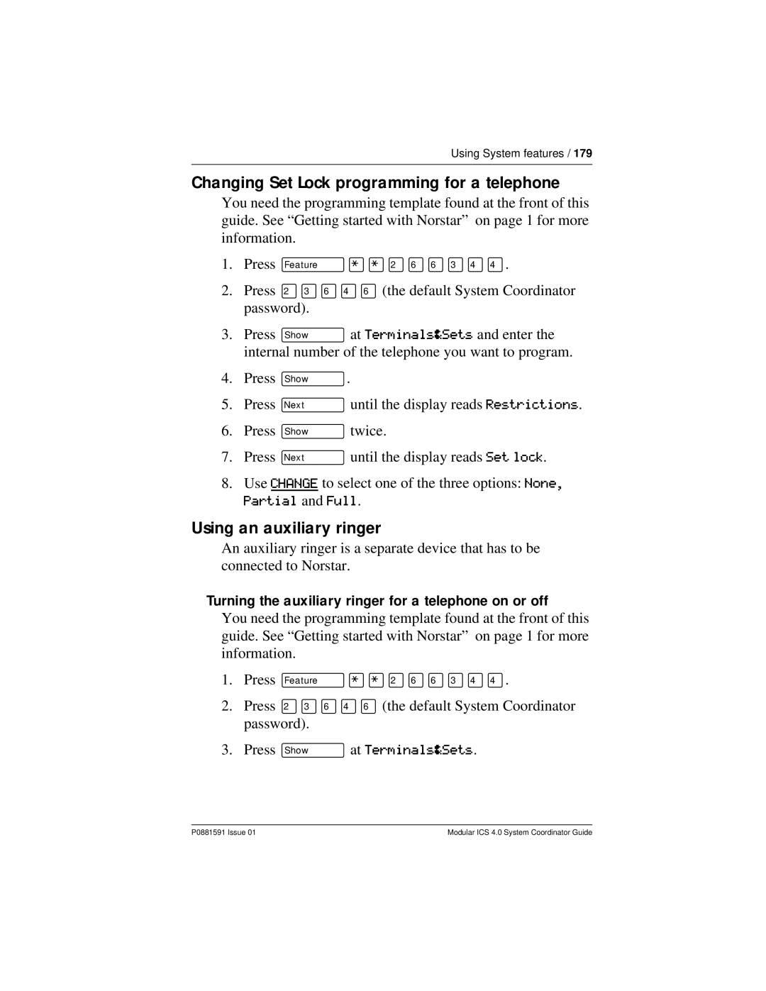 Nortel Networks Modular ICS 4.0 manual Changing Set Lock programming for a telephone, Using an auxiliary ringer 