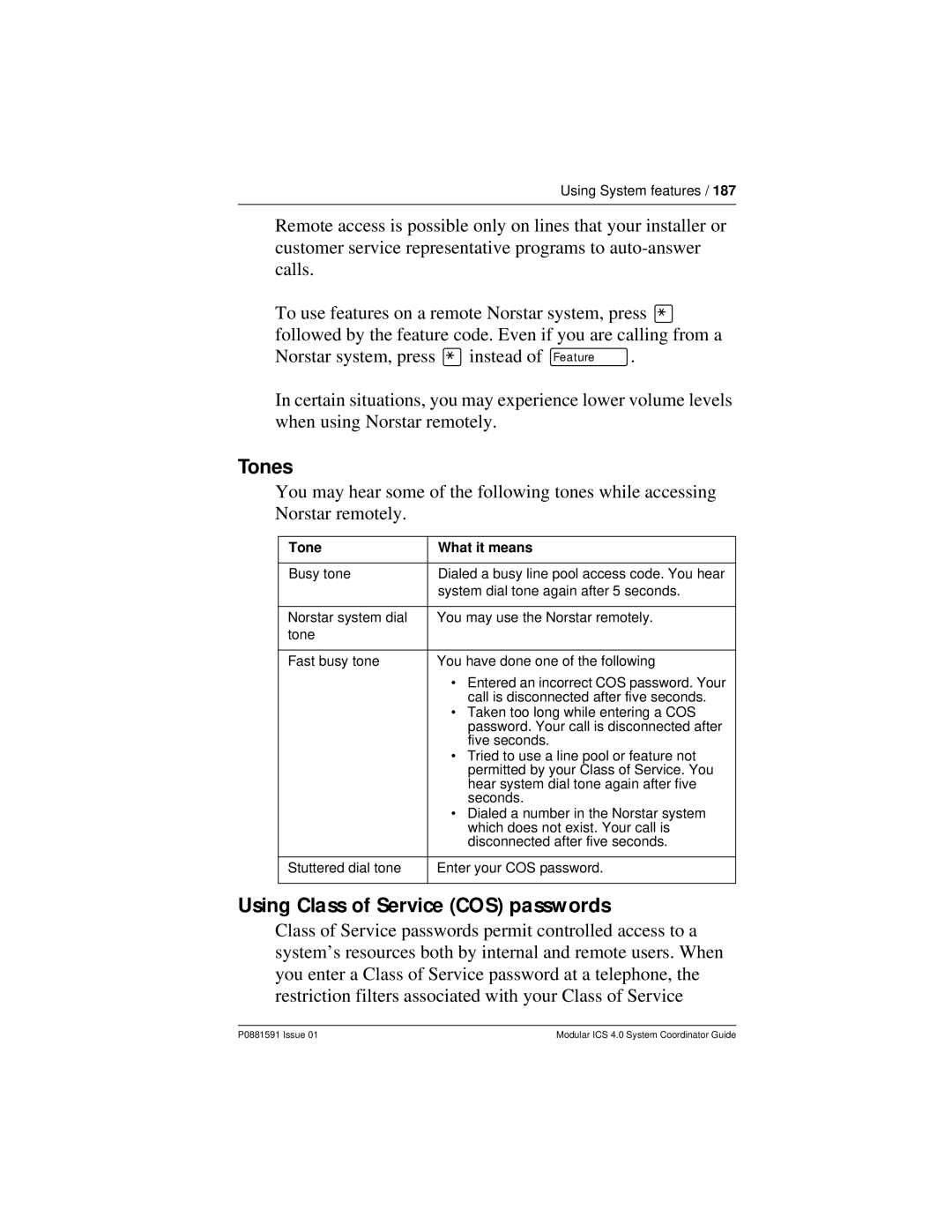 Nortel Networks Modular ICS 4.0 manual Tones, Using Class of Service COS passwords 