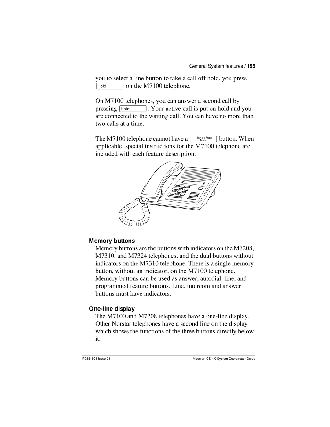 Nortel Networks Modular ICS 4.0 manual Memory buttons, One-line display 