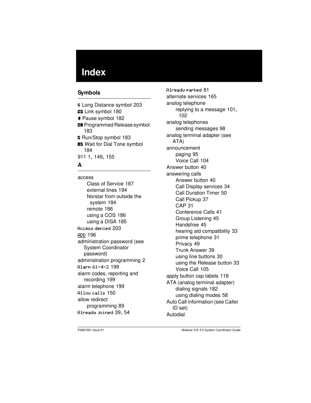 Nortel Networks Modular ICS 4.0 manual Index, Symbols, Administration programming 2 Alarm 61-4-2 