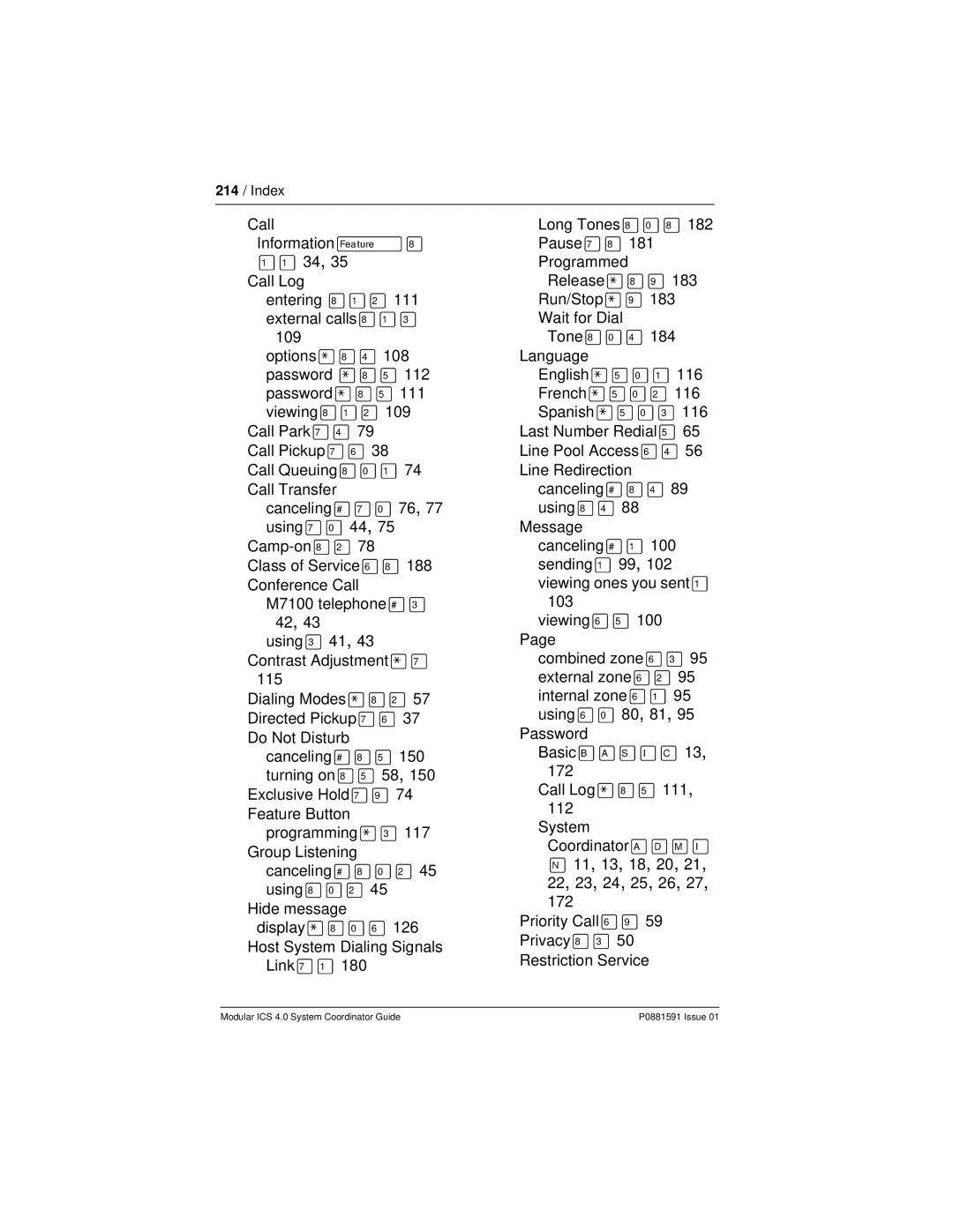 Nortel Networks Modular ICS 4.0 manual 214 / Index 