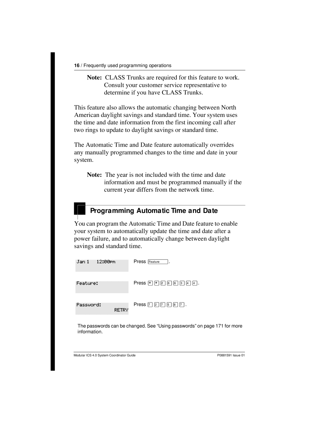 Nortel Networks Modular ICS 4.0 manual Programming Automatic Time and Date, FeaturePress ¤ﬂﬂ‹›› Password 