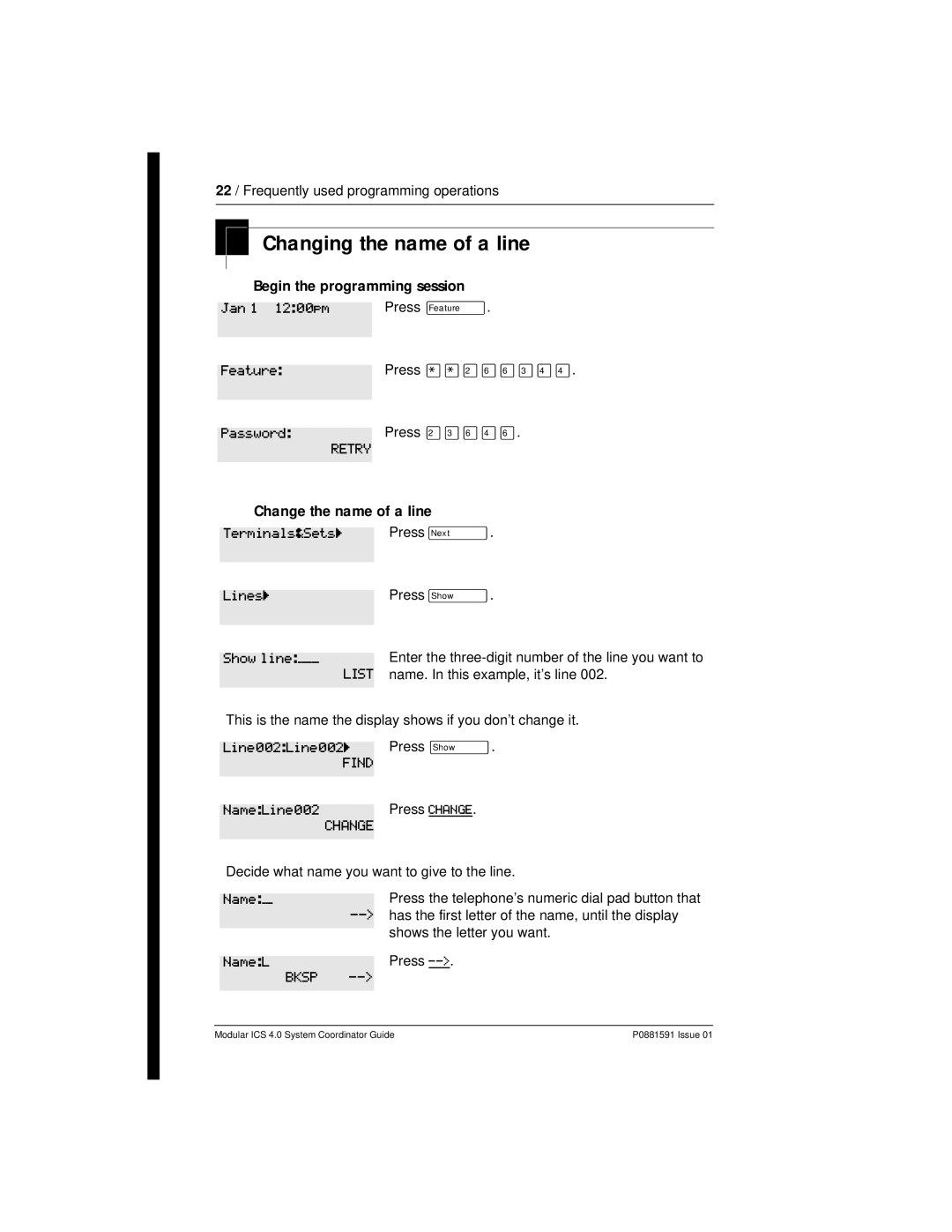 Nortel Networks Modular ICS 4.0 Changing the name of a line, Terminals&Setsö Linesö Show line, Line002Line002ö, NameL 
