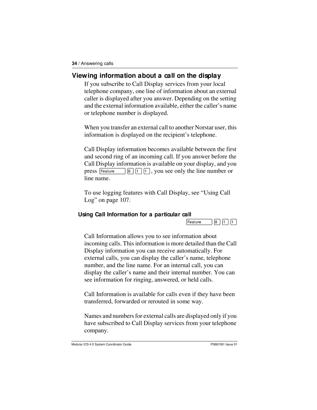 Nortel Networks Modular ICS 4.0 manual Viewing information about a call on the display 