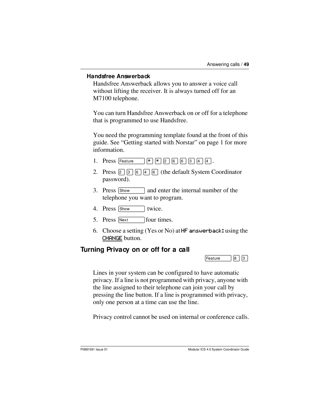 Nortel Networks Modular ICS 4.0 manual Turning Privacy on or off for a call, Handsfree Answerback 