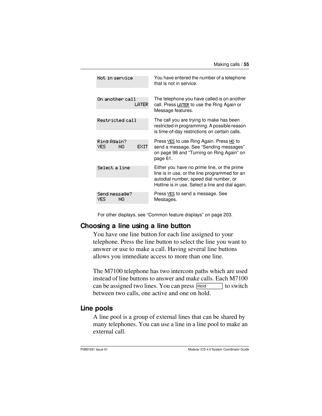 Nortel Networks Modular ICS 4.0 manual Choosing a line using a line button, Line pools, Later, YES Exit, Yes 
