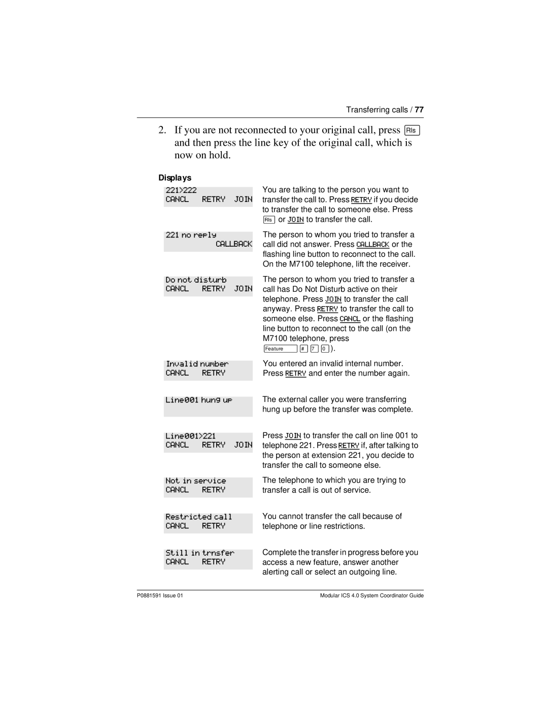 Nortel Networks Modular ICS 4.0 manual Cancl Retry Join 