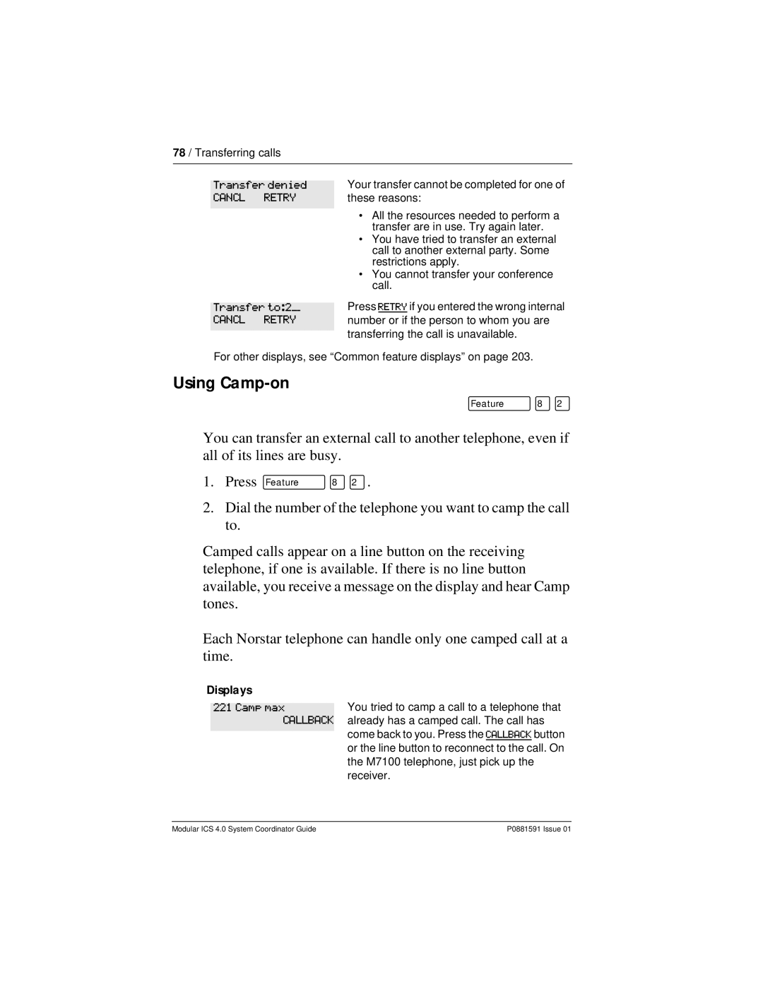 Nortel Networks Modular ICS 4.0 manual Using Camp-on, Transfer denied, Transfer to2, Camp max 