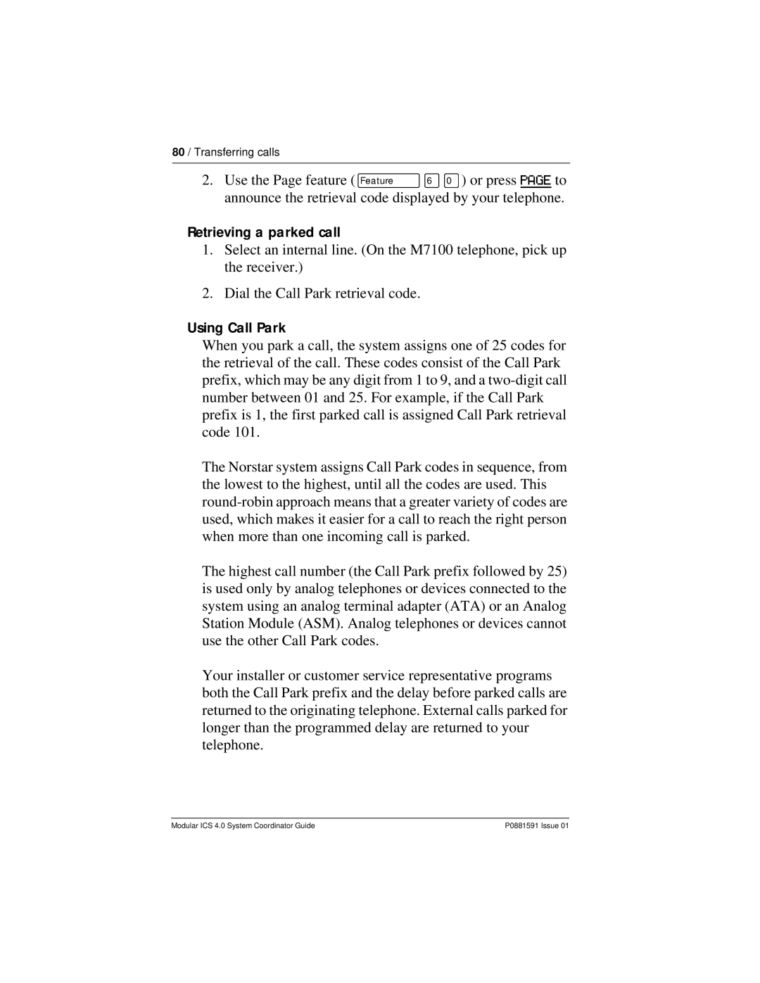 Nortel Networks Modular ICS 4.0 manual Retrieving a parked call, Using Call Park 