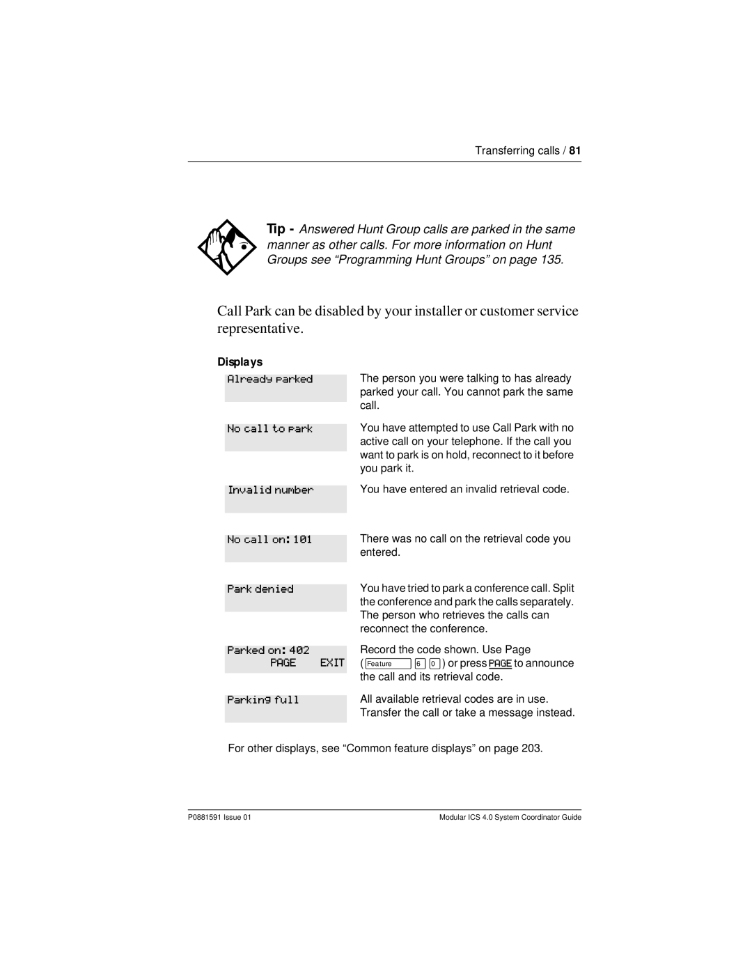 Nortel Networks Modular ICS 4.0 manual Already parked, No call to park Invalid number No call on Park denied, Parked on 