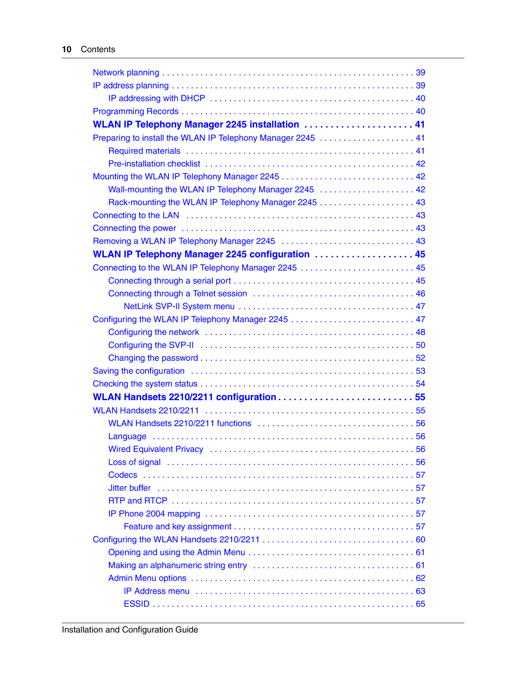 Nortel Networks MOG7xx, MOG6xx manual Wlan IP Telephony Manager 2245 installation, Contents 