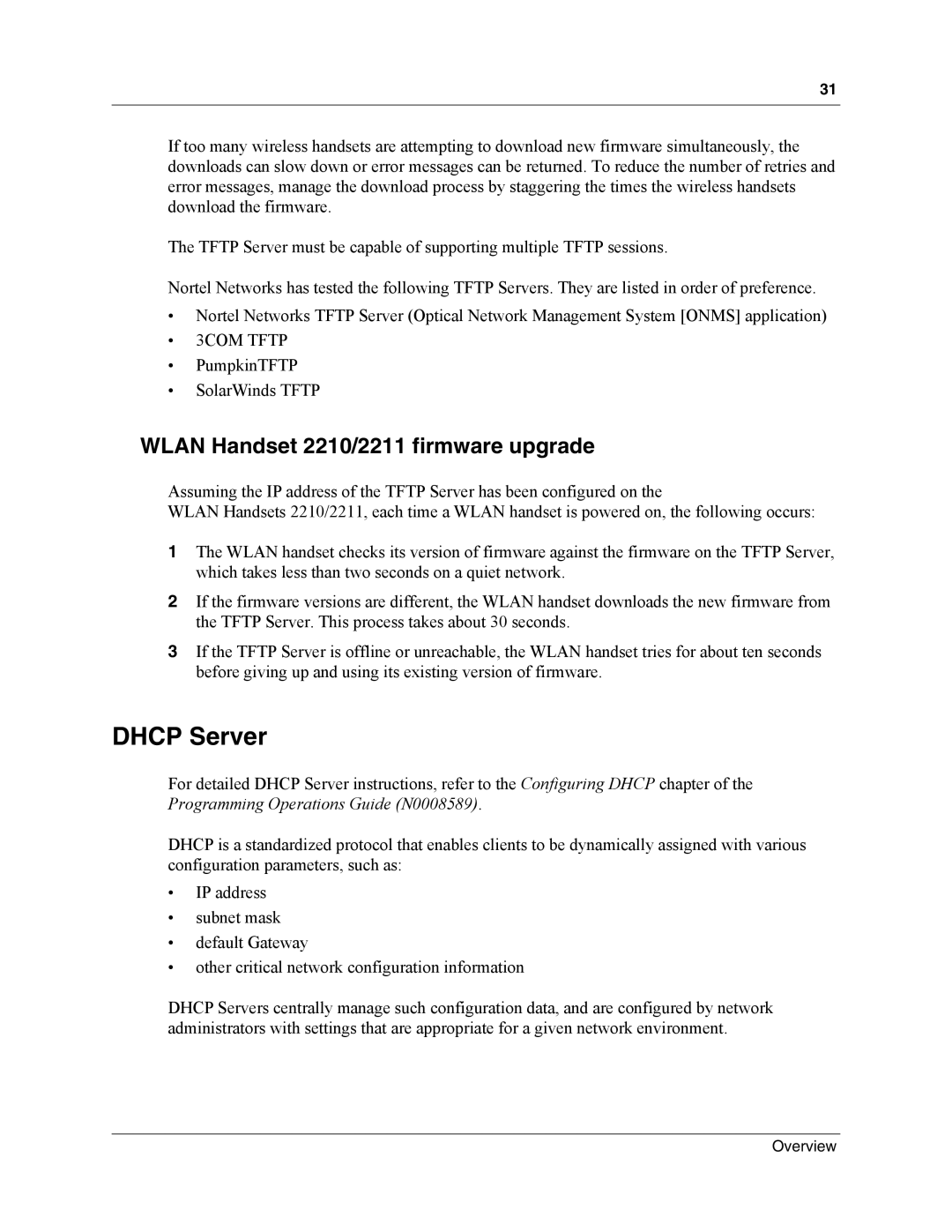 Nortel Networks MOG6xx, MOG7xx manual Dhcp Server, Wlan Handset 2210/2211 firmware upgrade 