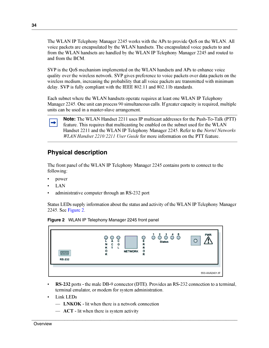 Nortel Networks MOG7xx, MOG6xx manual Physical description, Wlan IP Telephony Manager 2245 front panel 