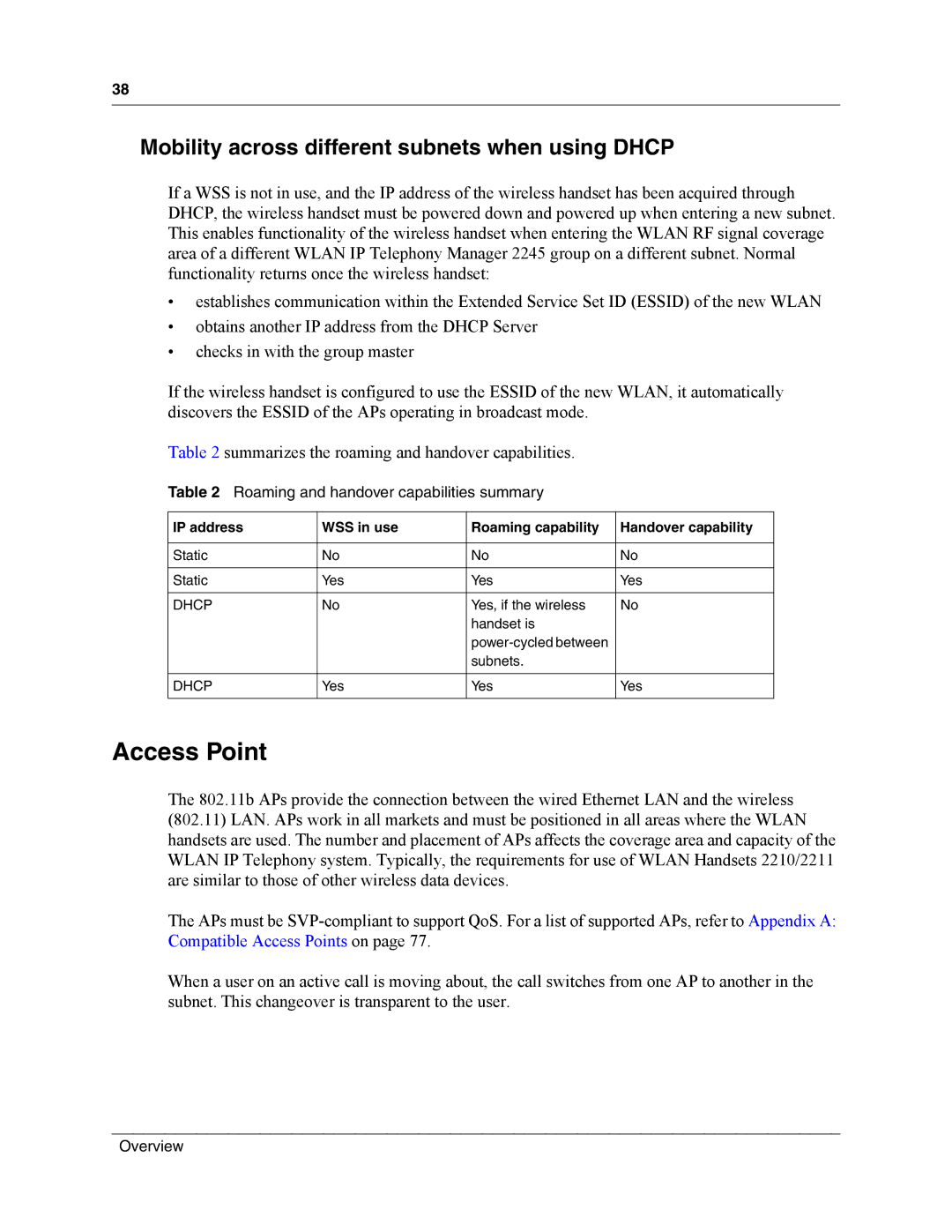 Nortel Networks MOG7xx, MOG6xx manual Access Point, Mobility across different subnets when using Dhcp 