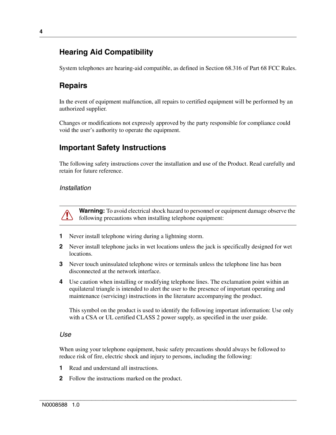 Nortel Networks MOG7xx, MOG6xx manual Hearing Aid Compatibility, Repairs, Important Safety Instructions 