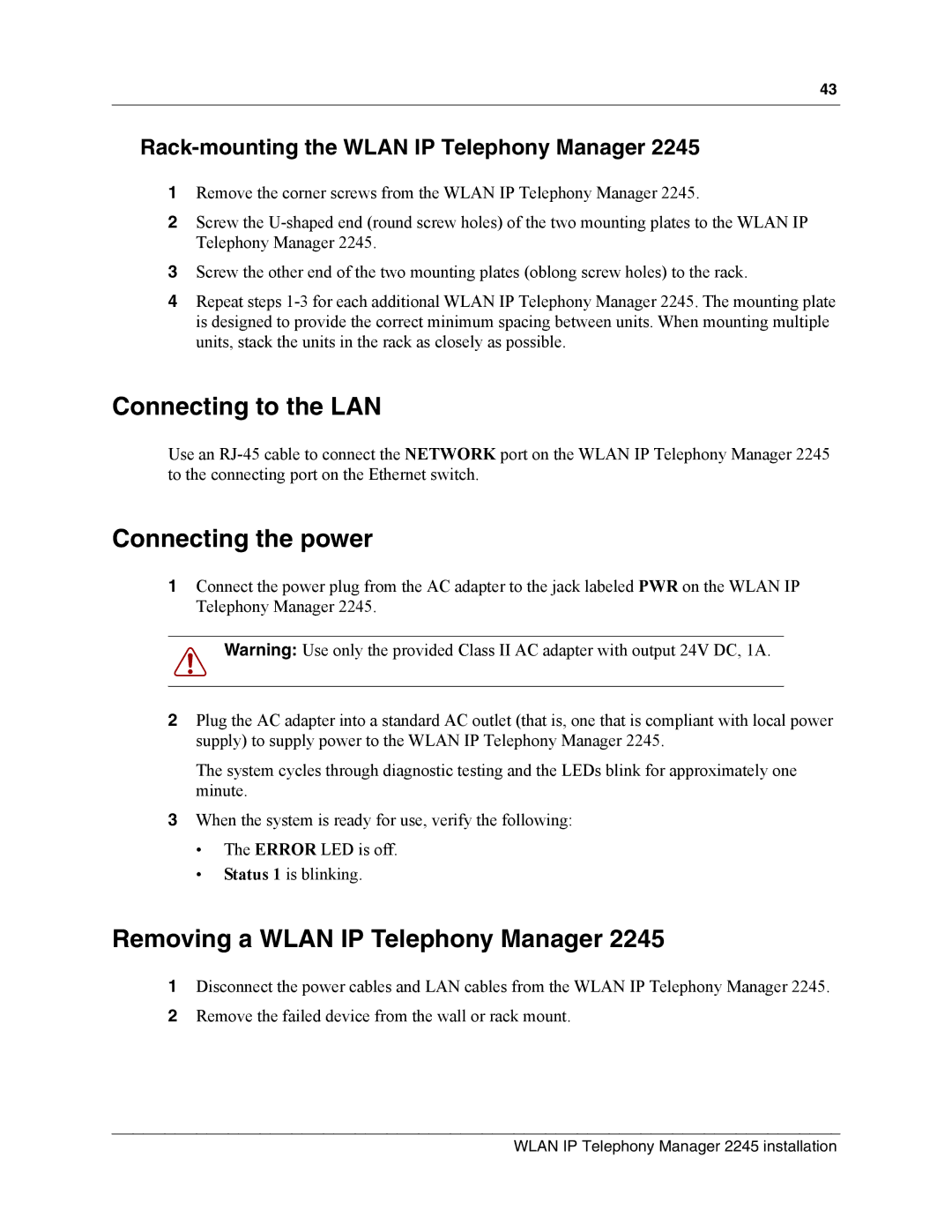 Nortel Networks MOG6xx, MOG7xx manual Connecting to the LAN, Connecting the power, Removing a Wlan IP Telephony Manager 