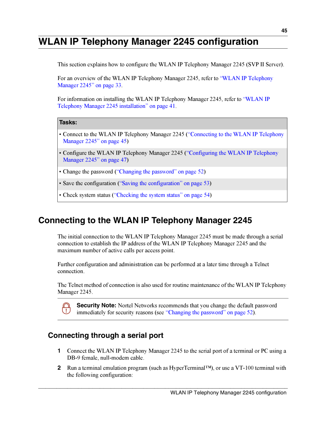 Nortel Networks MOG6xx, MOG7xx Wlan IP Telephony Manager 2245 configuration, Connecting to the Wlan IP Telephony Manager 