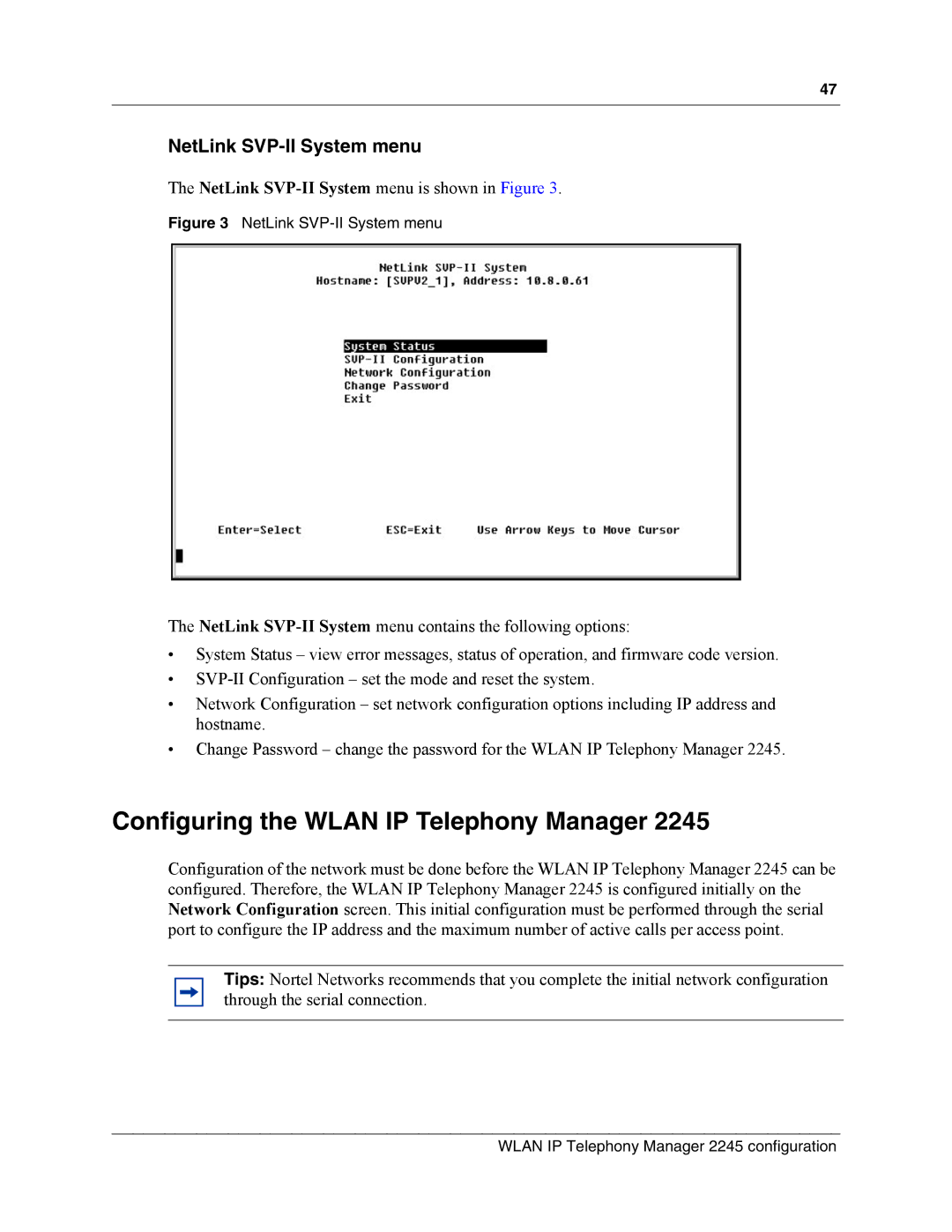 Nortel Networks MOG6xx, MOG7xx manual Configuring the Wlan IP Telephony Manager, NetLink SVP-II System menu 