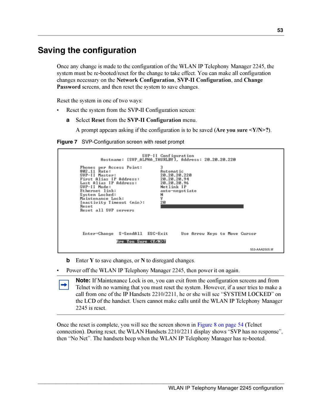 Nortel Networks MOG6xx, MOG7xx manual Saving the configuration, SVP-Configuration screen with reset prompt 