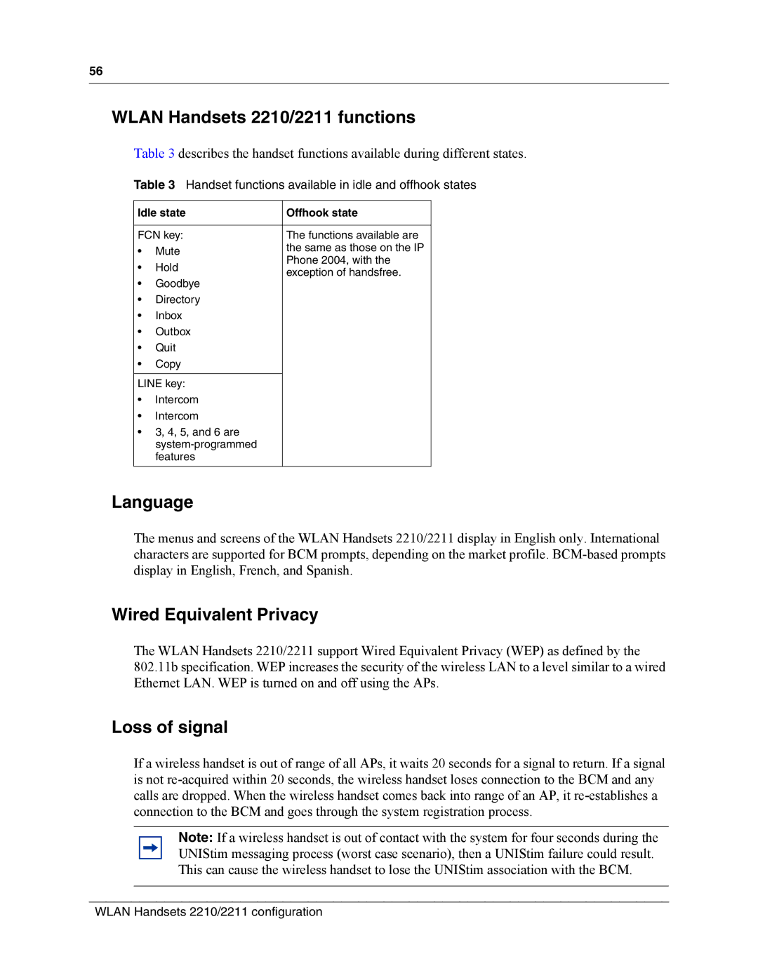 Nortel Networks MOG7xx, MOG6xx manual Wlan Handsets 2210/2211 functions, Language, Wired Equivalent Privacy, Loss of signal 