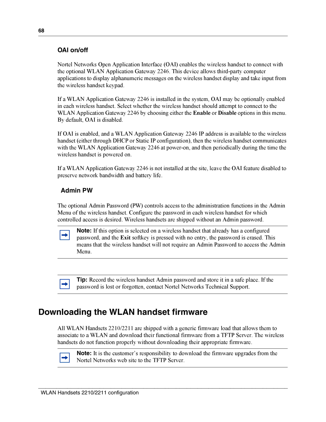 Nortel Networks MOG7xx, MOG6xx manual Downloading the Wlan handset firmware, OAI on/off, Admin PW 