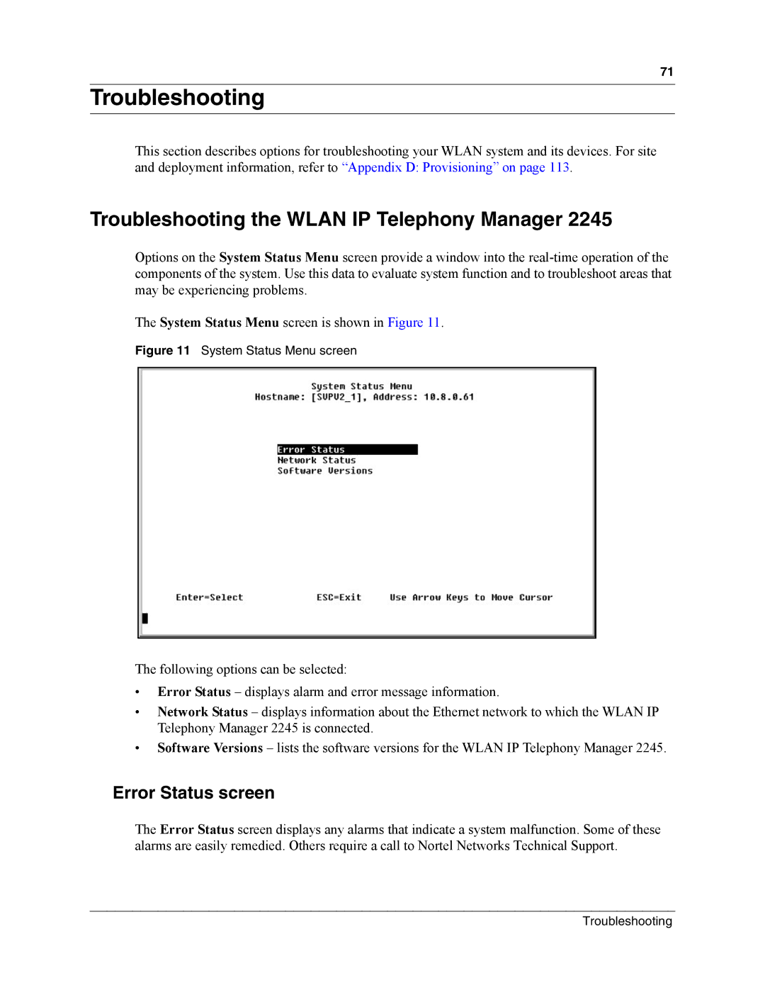 Nortel Networks MOG6xx, MOG7xx manual Troubleshooting the Wlan IP Telephony Manager, Error Status screen 