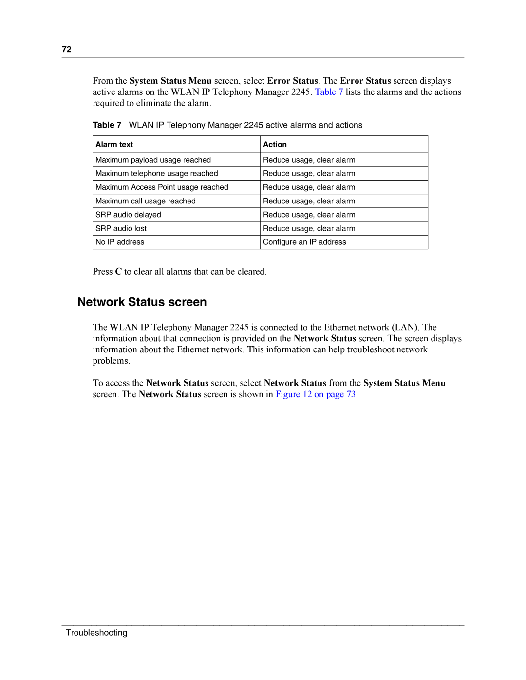 Nortel Networks MOG7xx, MOG6xx manual Network Status screen, Wlan IP Telephony Manager 2245 active alarms and actions 