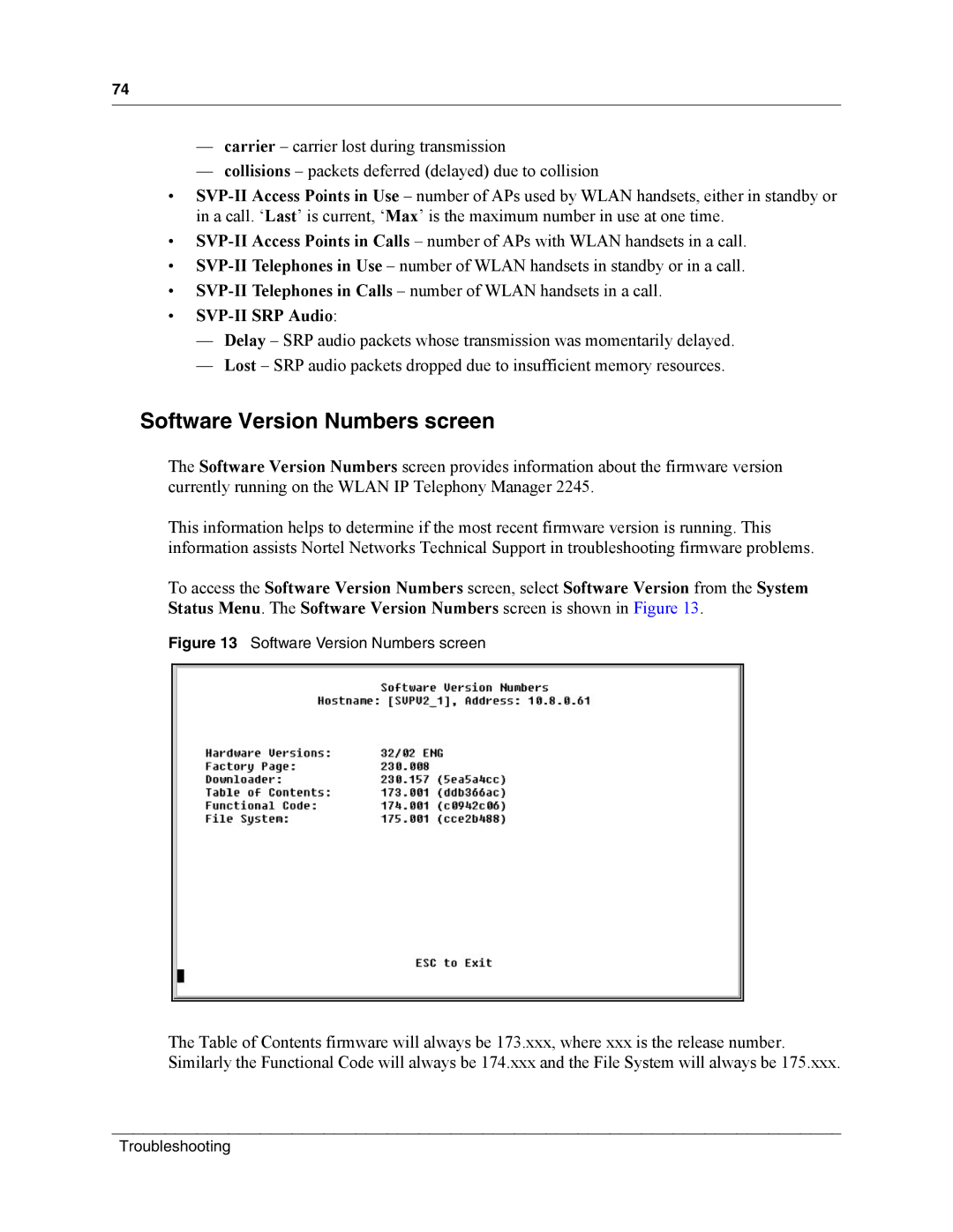 Nortel Networks MOG7xx, MOG6xx manual Software Version Numbers screen 