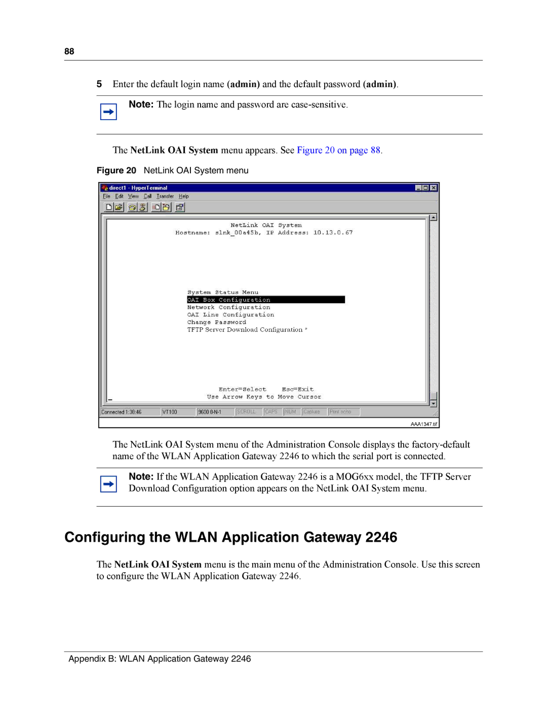 Nortel Networks MOG7xx, MOG6xx manual Configuring the Wlan Application Gateway, NetLink OAI System menu 