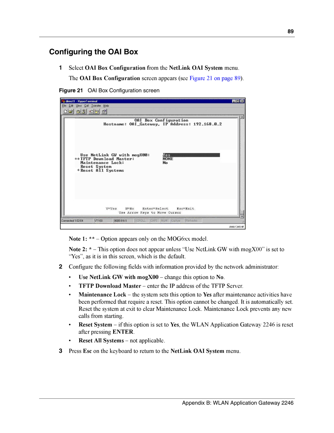 Nortel Networks MOG6xx, MOG7xx manual Configuring the OAI Box, OAI Box Configuration screen 