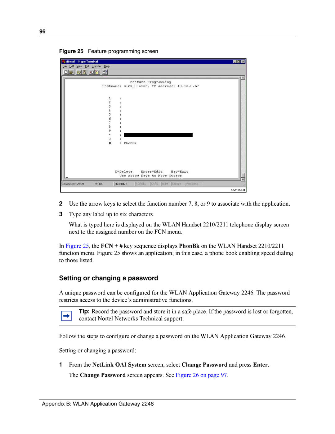 Nortel Networks MOG7xx, MOG6xx manual Setting or changing a password, Feature programming screen 