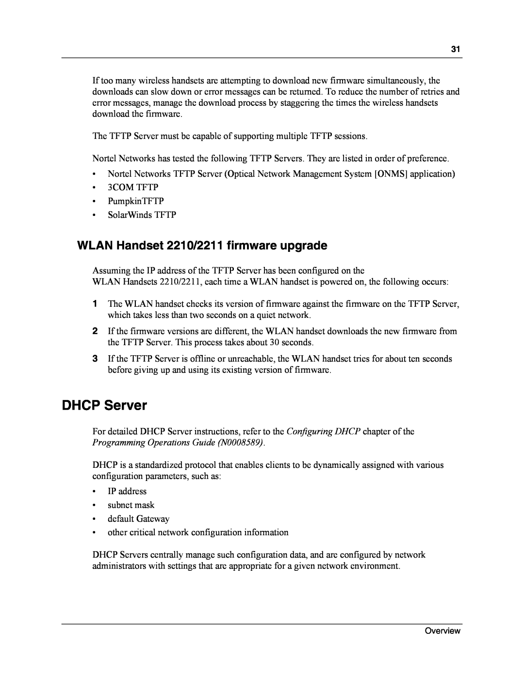 Nortel Networks MOG6xx, MOG7xx manual DHCP Server, WLAN Handset 2210/2211 firmware upgrade 